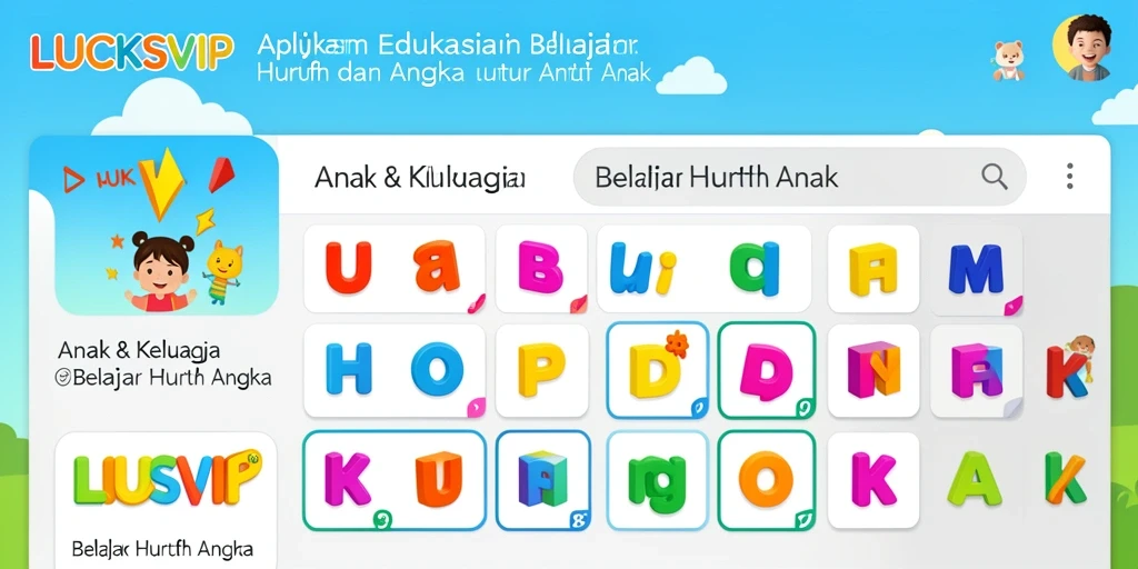 Tampilan antarmuka LUCKSVIP yang mendidik dan ceria untuk belajar huruf dan angka.